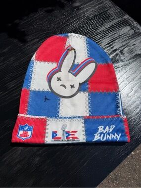 Bad Bunny Red, White & Blue Super Bowl Patchwork Beanie